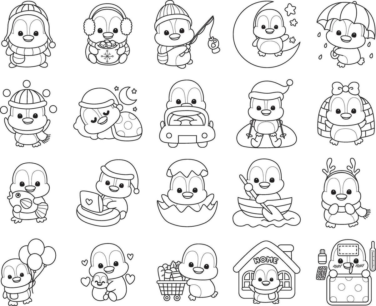 Outline of penguin in the variation of activity. Coloring pages of cute penguin. vector