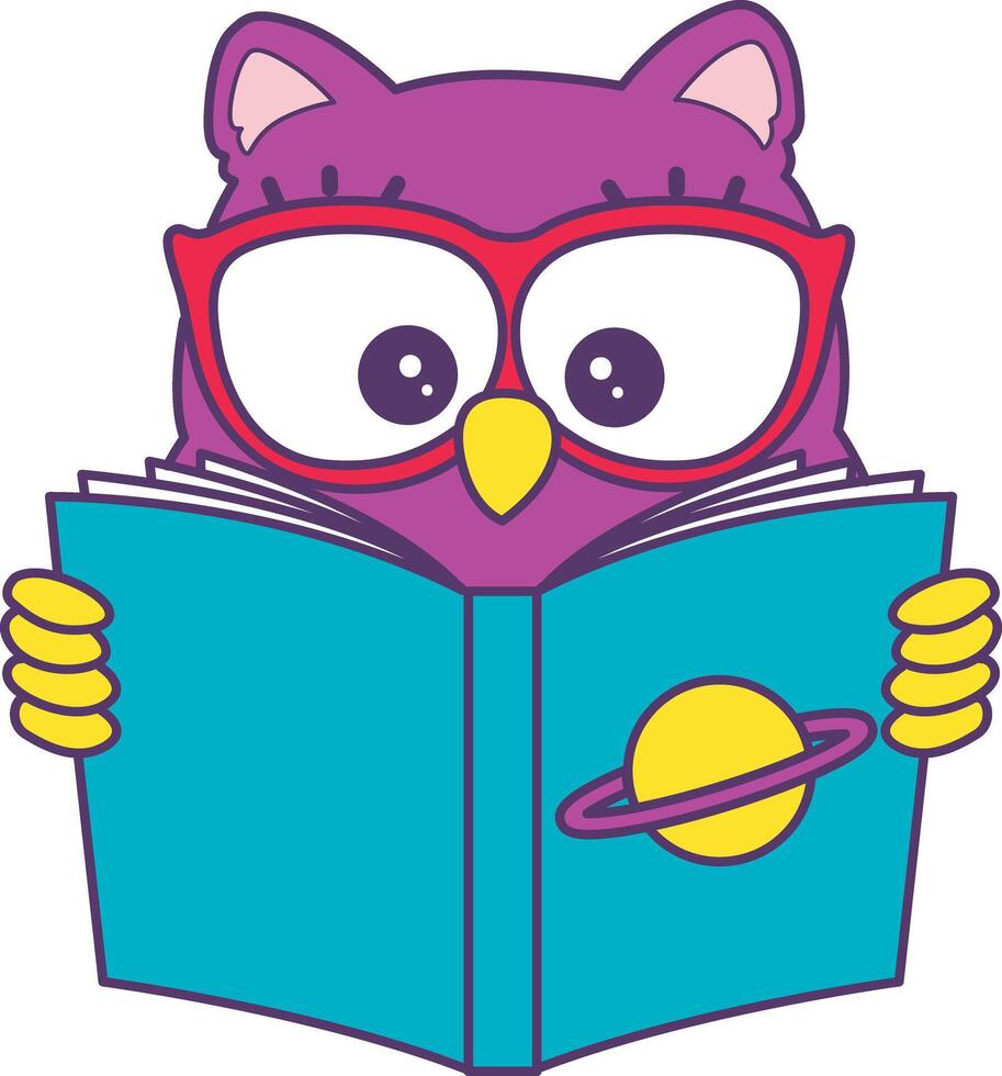 Owl reading a book. Sticker of violet owl daily activities. vector