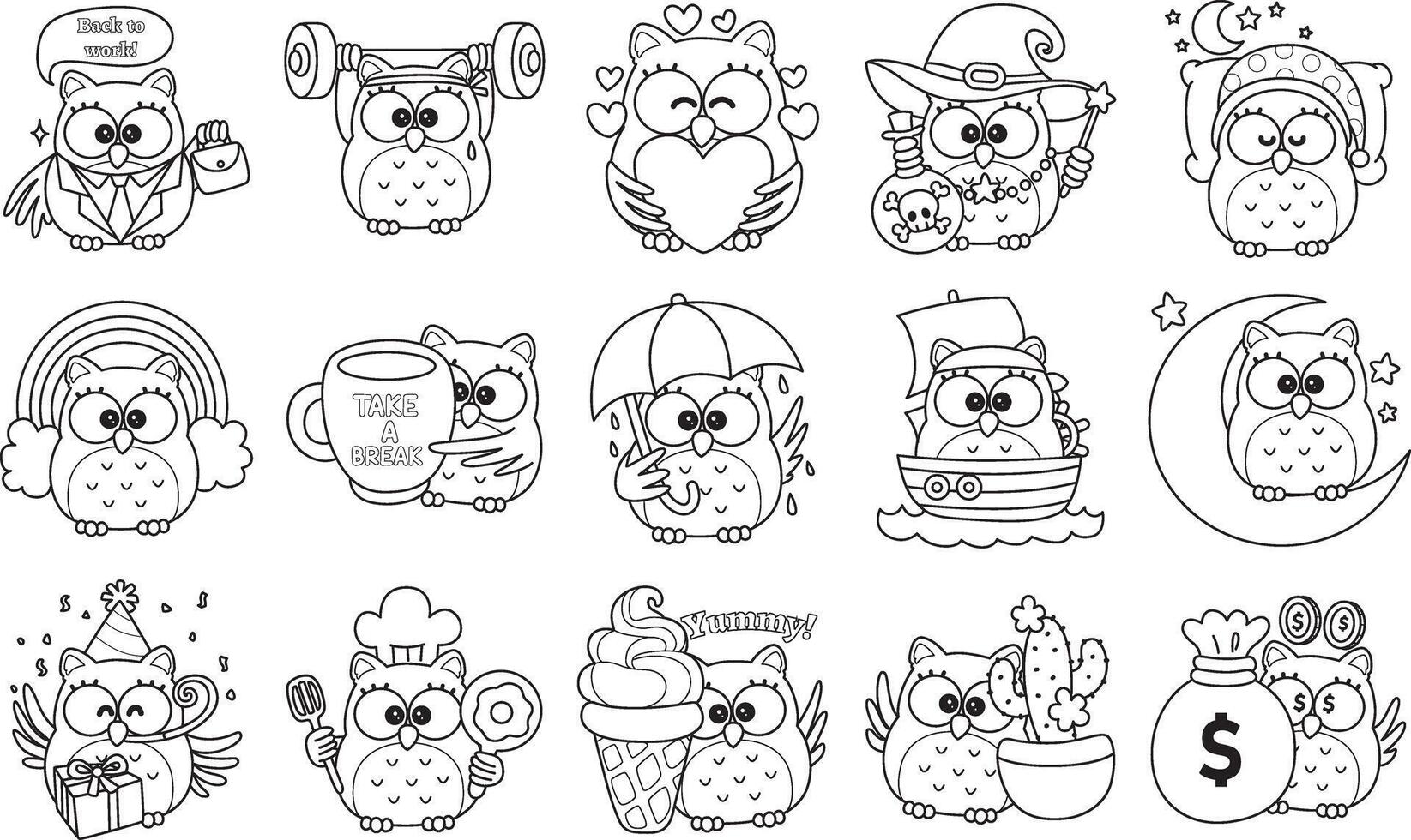 Outline of owl in the variation of activities. Coloring pages of cute owl. vector