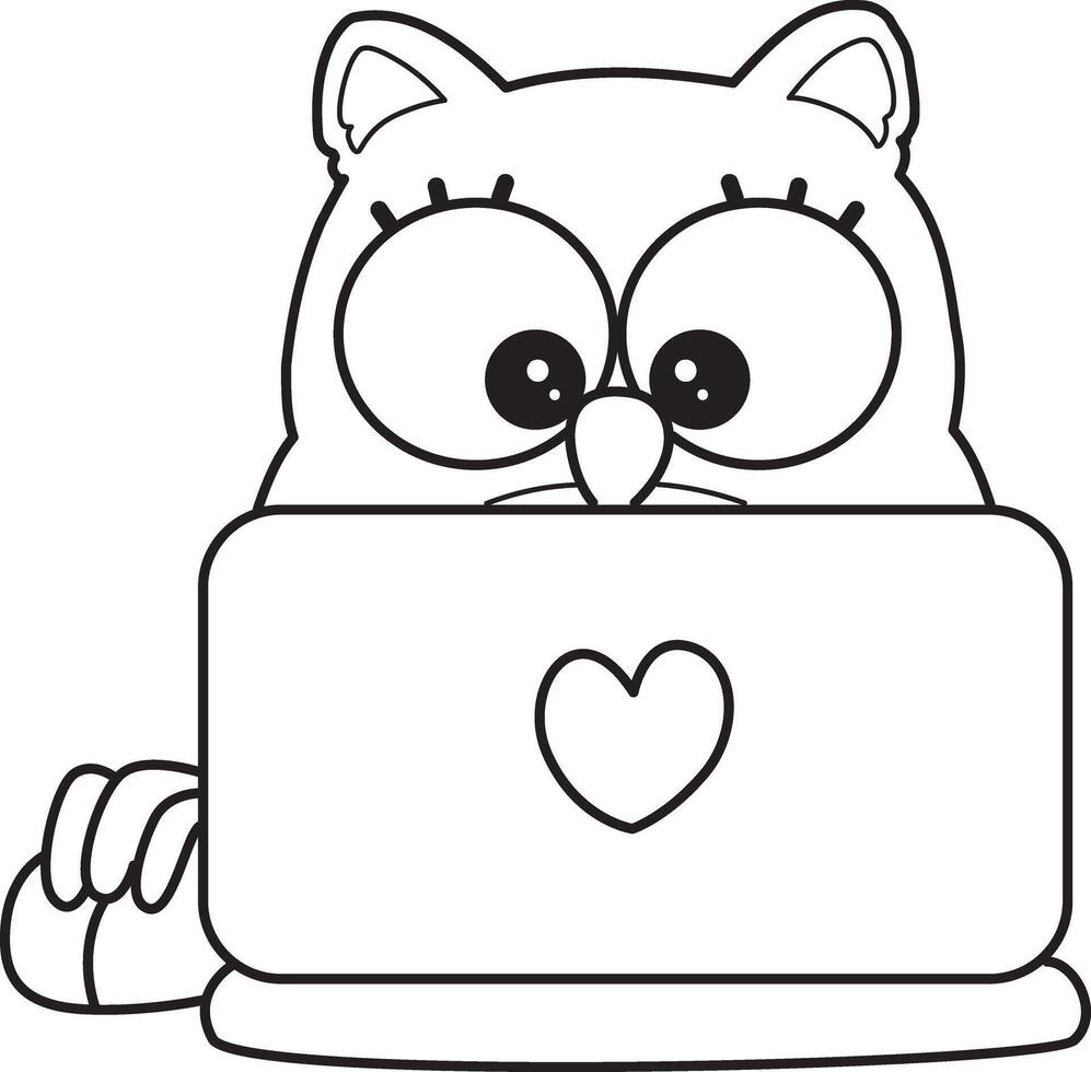 Outline of owl typing in the notepad. Coloring pages of cute owl. vector