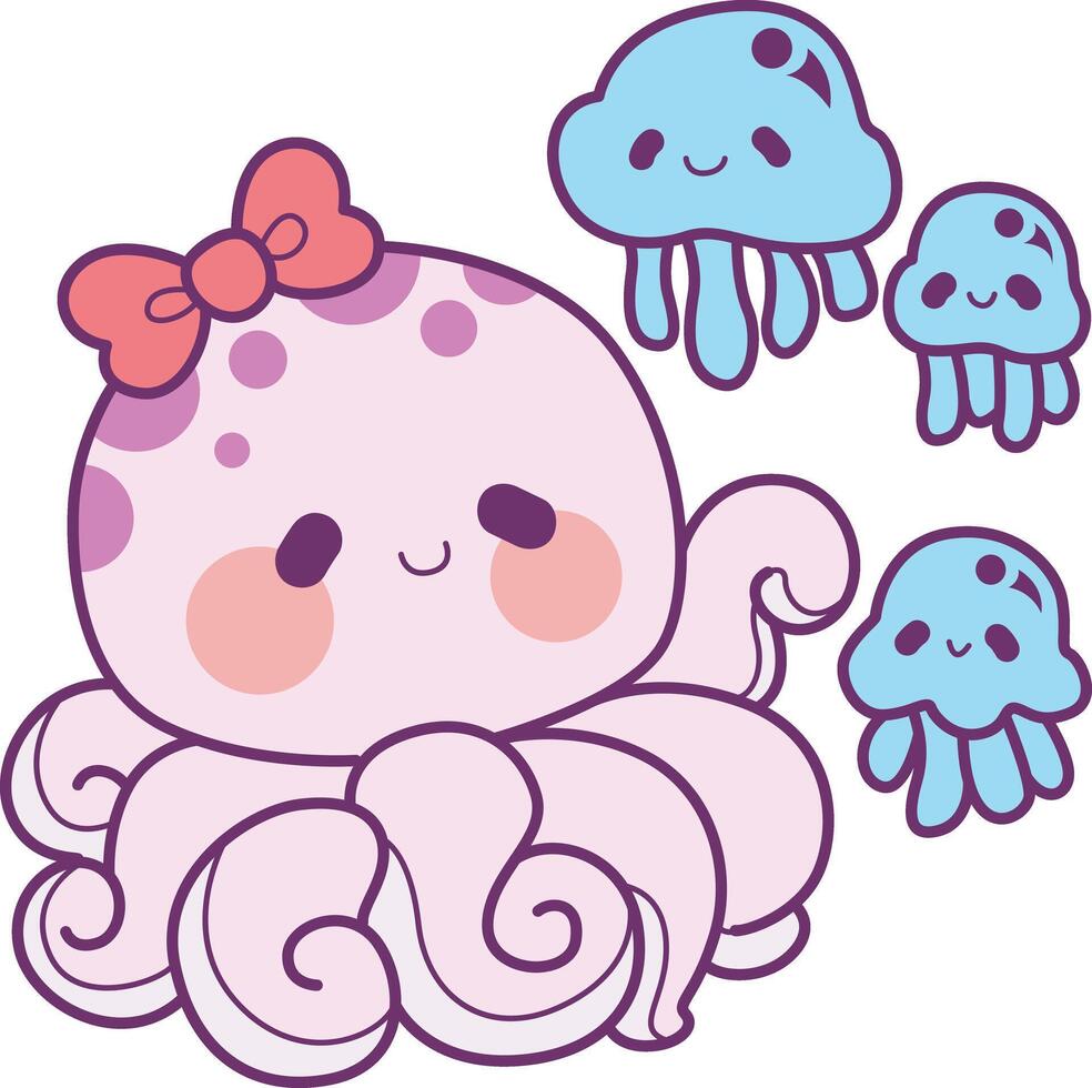 Octopus with jelly fish. Cute Kawaii Happy Octopus vector