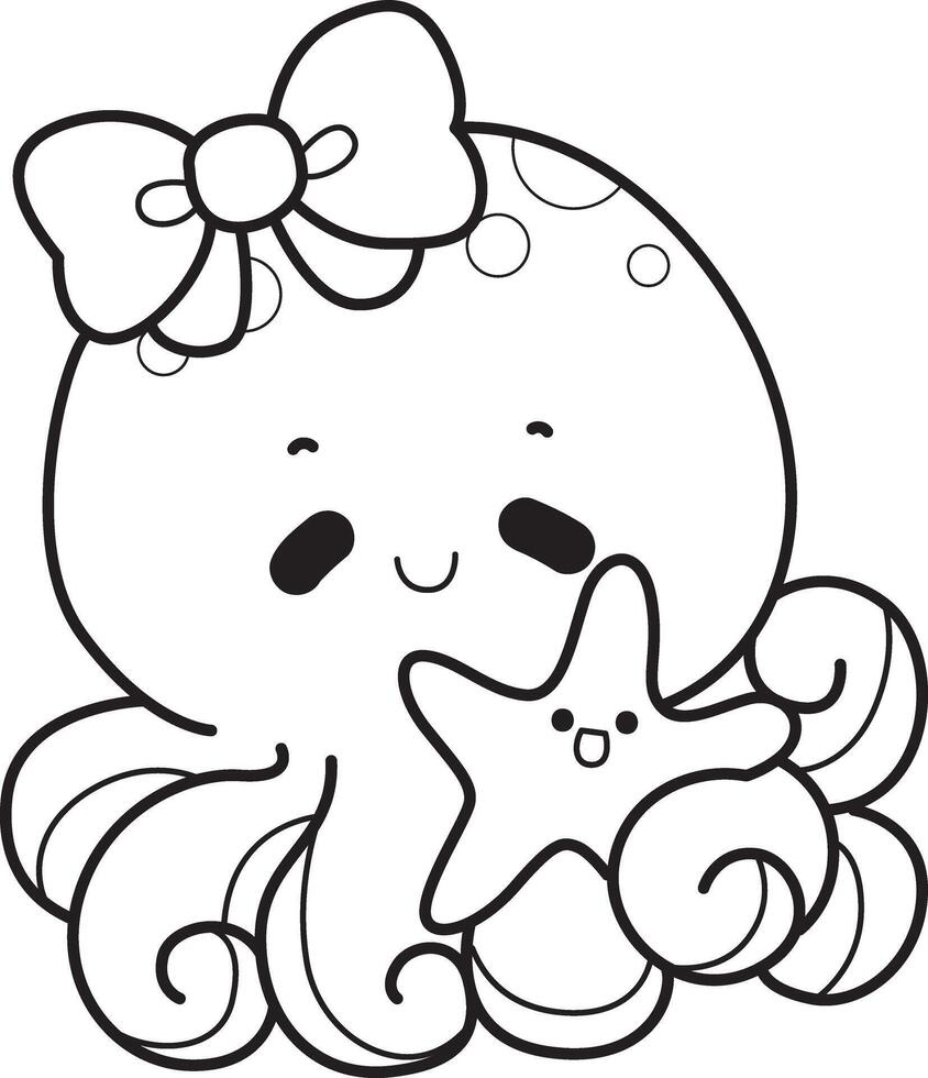 Outline of octopus bring a star fish. Coloring pages of cute octopus. vector