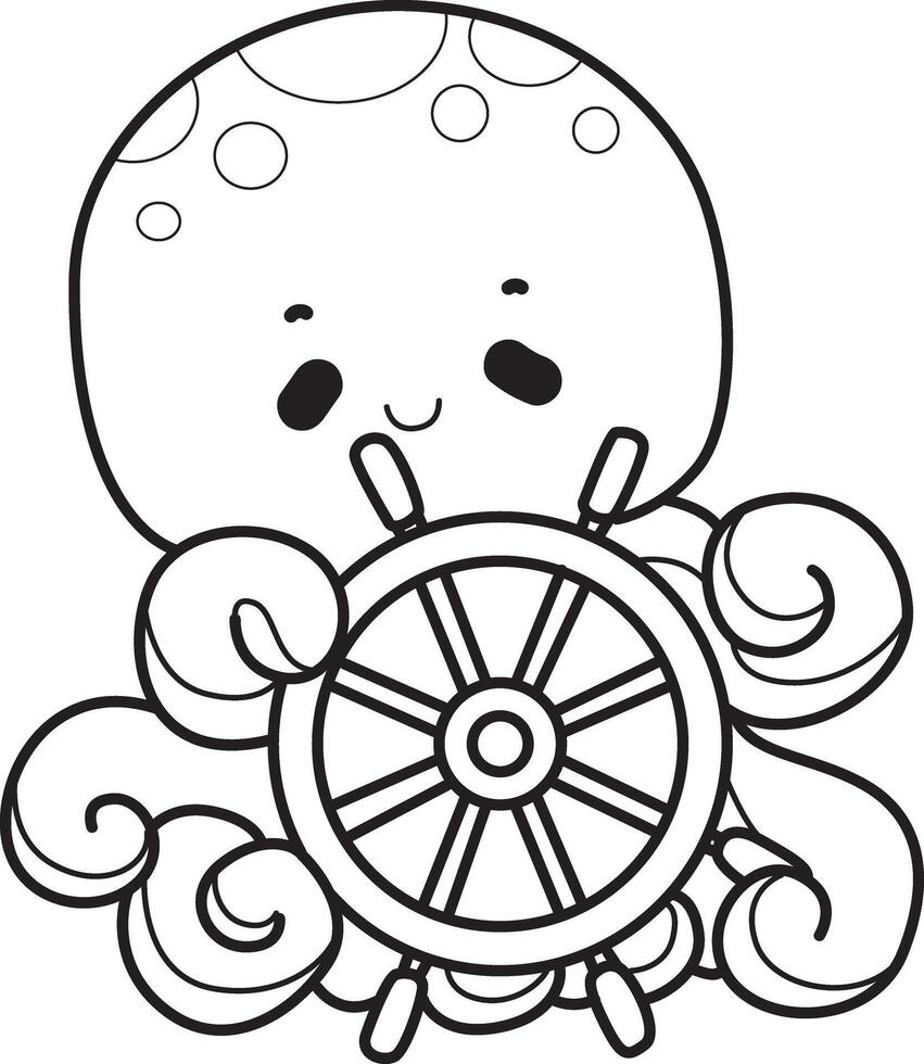 Outline of octopus driving a boat. Coloring pages of cute octopus. vector