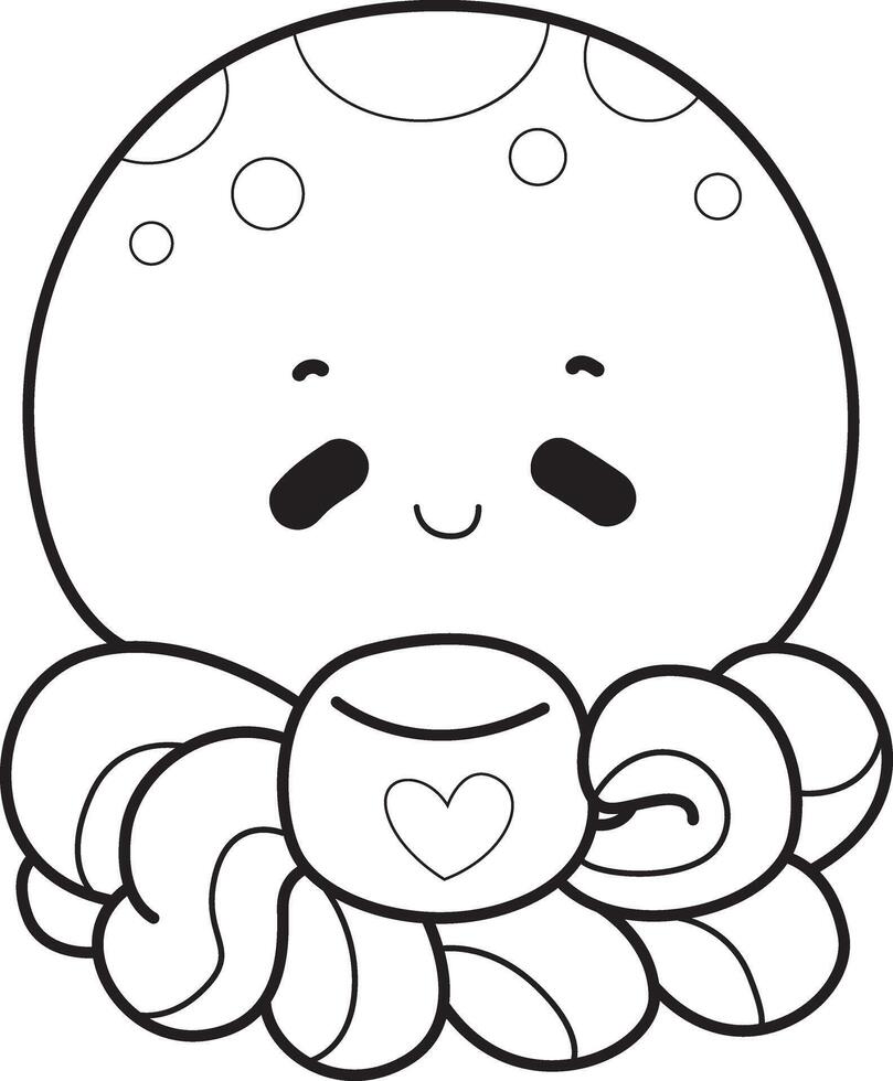 Outline of octopus relax with tea. Coloring pages of cute octopus. vector