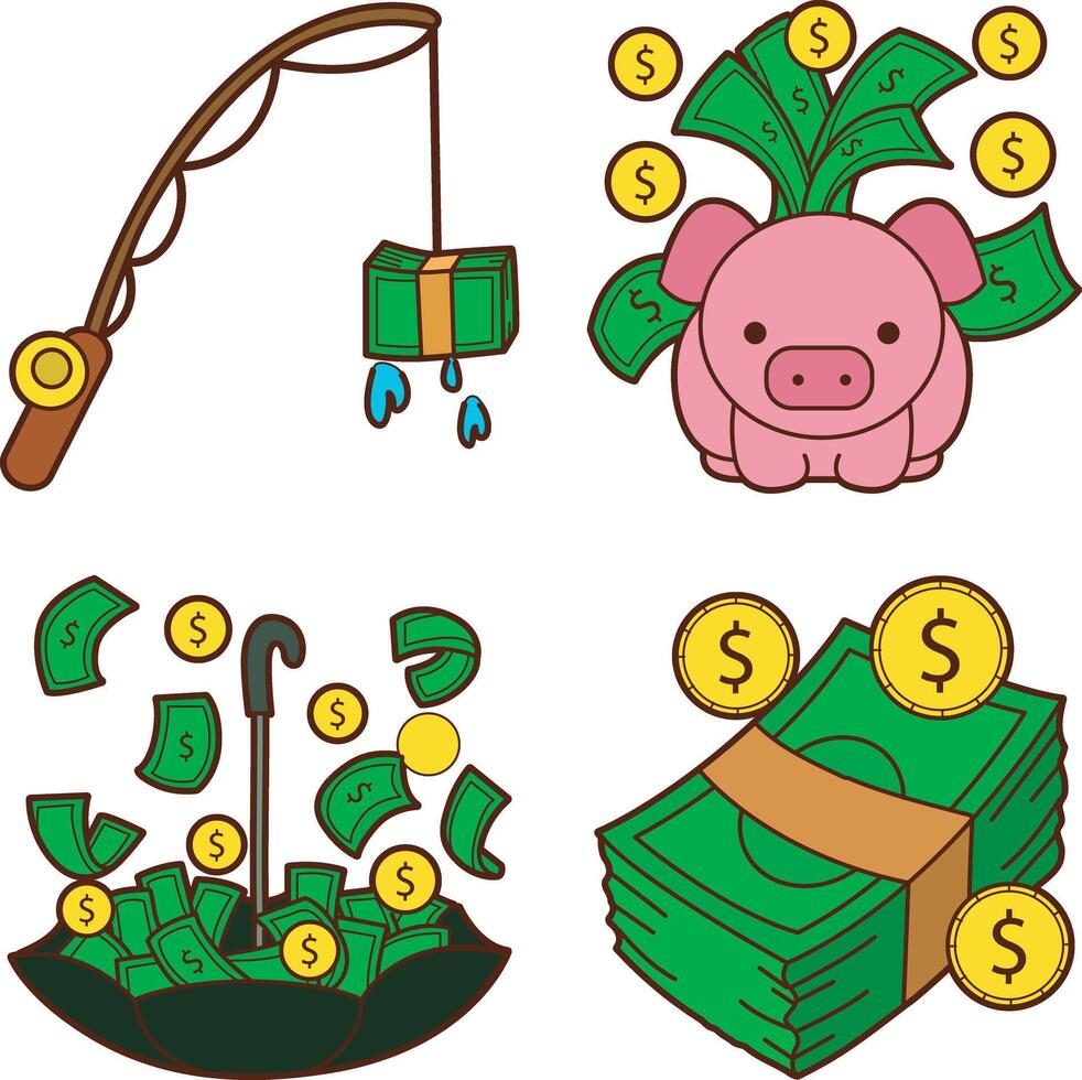Money in the piggy bank and umbrella. money and finance collection. vector