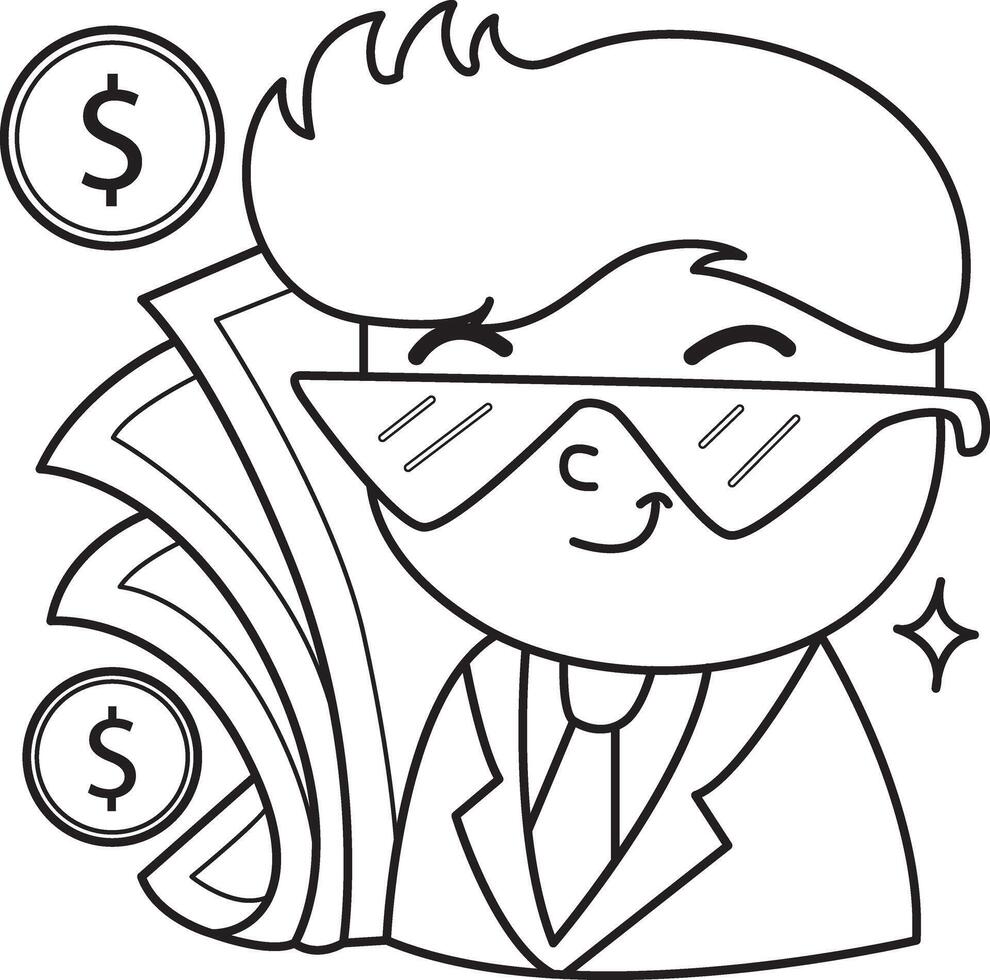 Outline of money with rich people. Coloring pages of money and finance collection. vector