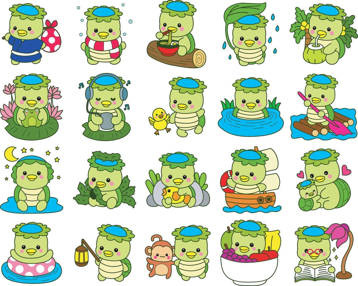 Outline of kappa in the variation of activity daily life. Cute kappa mascot ghost japanese. vector