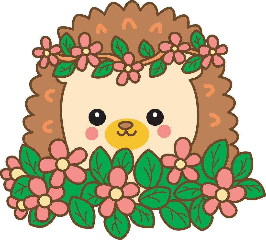 Hedgehog in the middle of flowers. Sticker of funny hedgehog clip art. vector