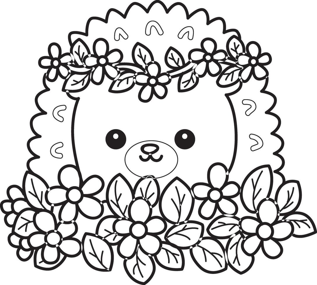 Outline of hedgehog in the middle of flowers. Coloring pages of cute hedgehog. vector