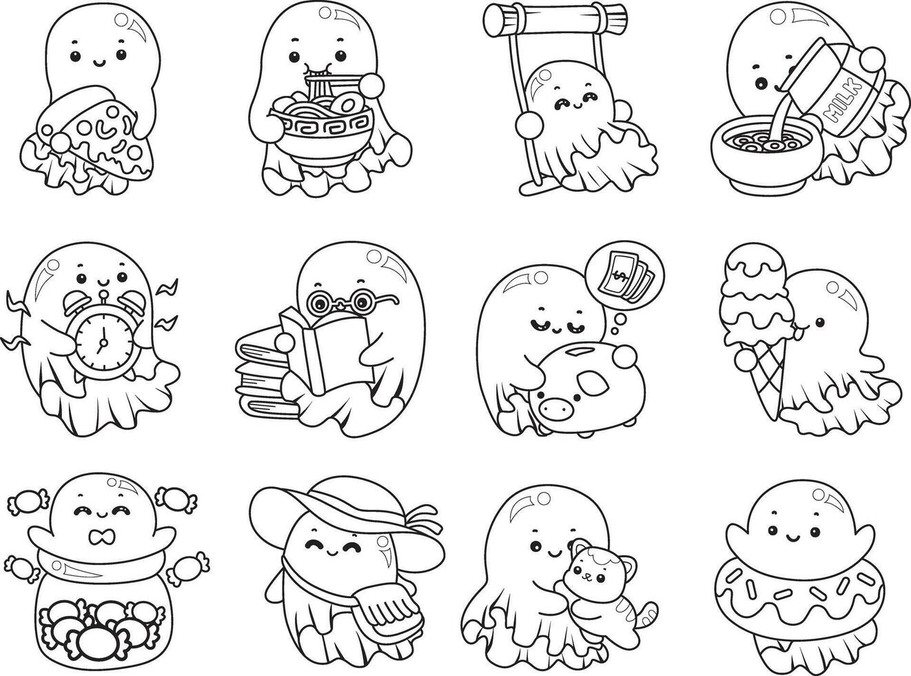 Outline of ghost in the variation of activity. Coloring pages of cute ghost. vector