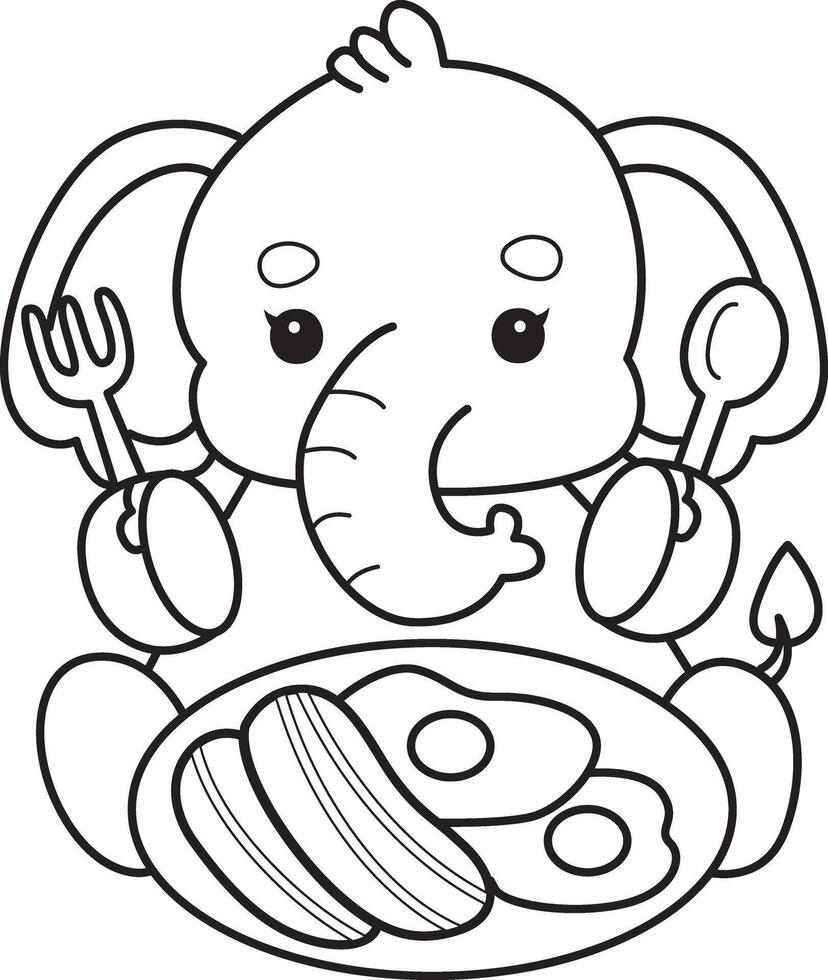 Outline of elephant want to eating bacon and eggs. Coloring pages of Funny baby Elephant. vector