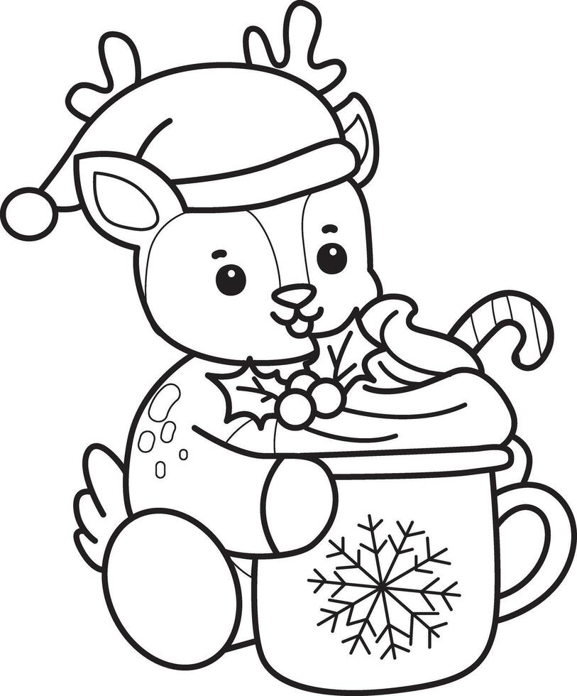 Outline of santa deer bring a hot chocolate. Coloring pages of cute deer icon. vector