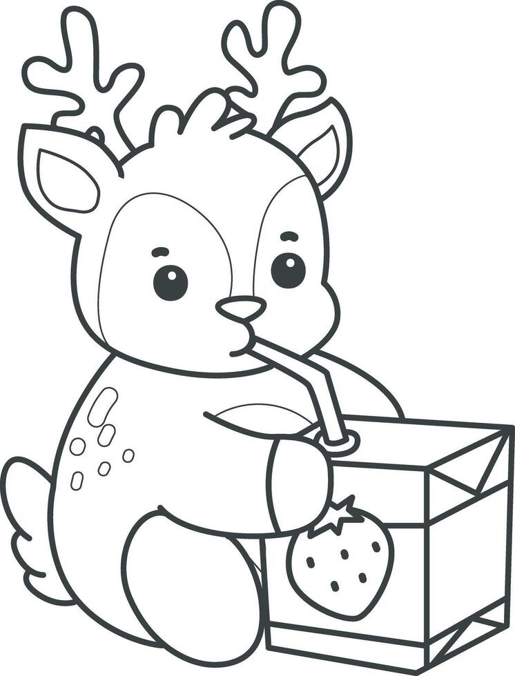 Outline of deer drinking a strawberry milk. Coloring pages of cute deer icon. vector