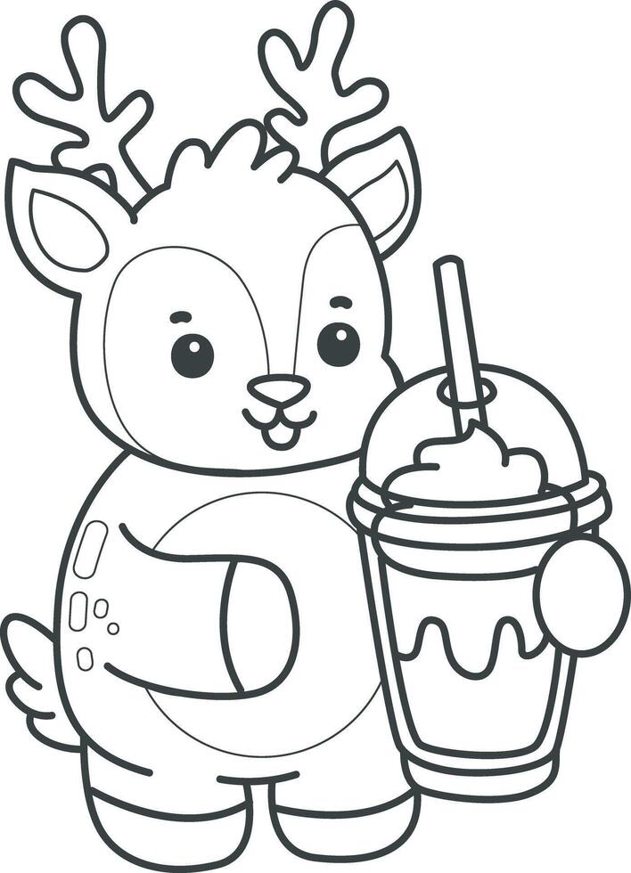 Outline of deer bring a milkshake. Coloring pages of cute deer icon. vector
