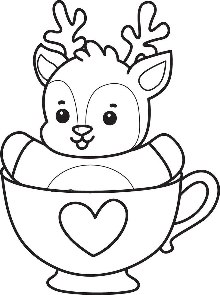 Outline of deer stuck in the cup of tea. Coloring pages of cute deer icon. vector