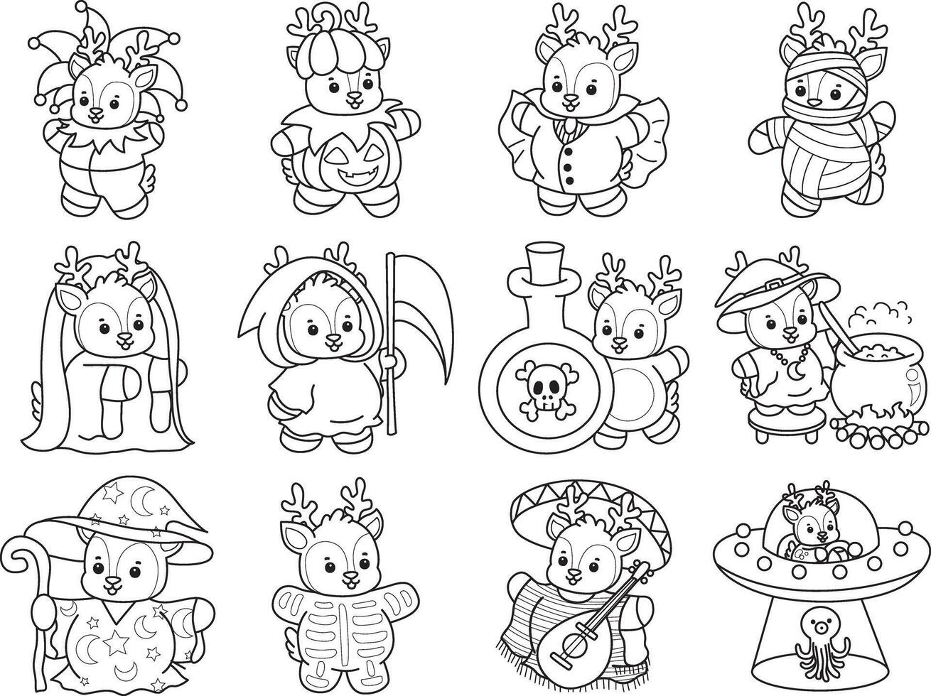 Outline of deer in the variation of halloween party. Coloring pages of cute deer icon. vector