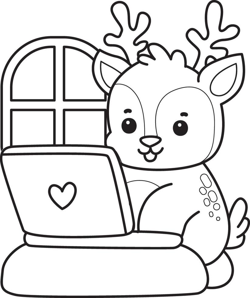 Outline of deer typing in the notepad. Coloring pages of cute deer icon. vector