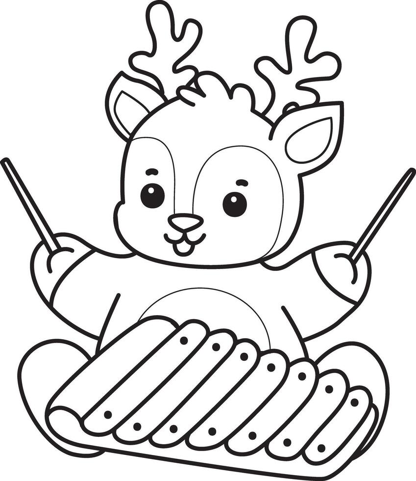 Outline of deer playing a xylophone. Coloring pages of cute deer icon. vector