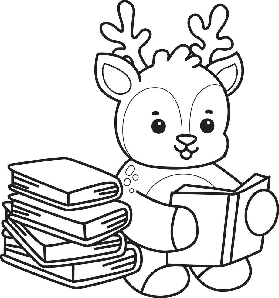 Outline of deer reading a book. Coloring pages of cute deer icon. vector