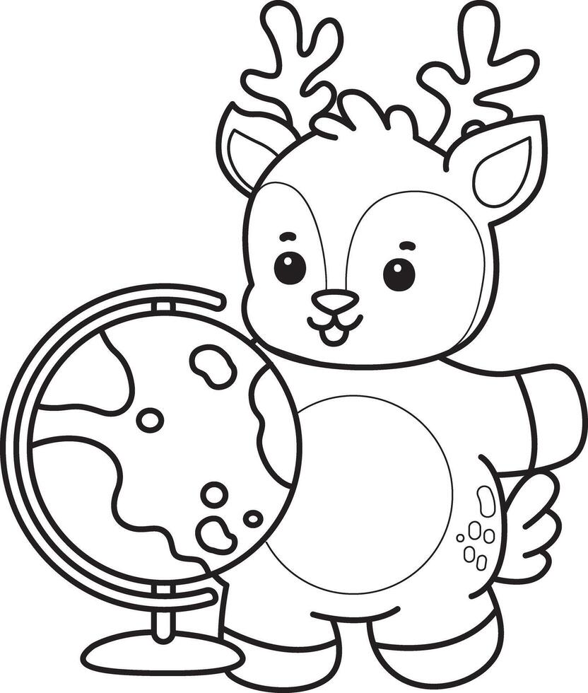 Outline of deer bring a globe. Coloring pages of cute deer icon. vector