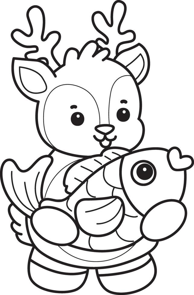 Outline of deer bring a gold fish. Coloring pages of cute deer icon. vector