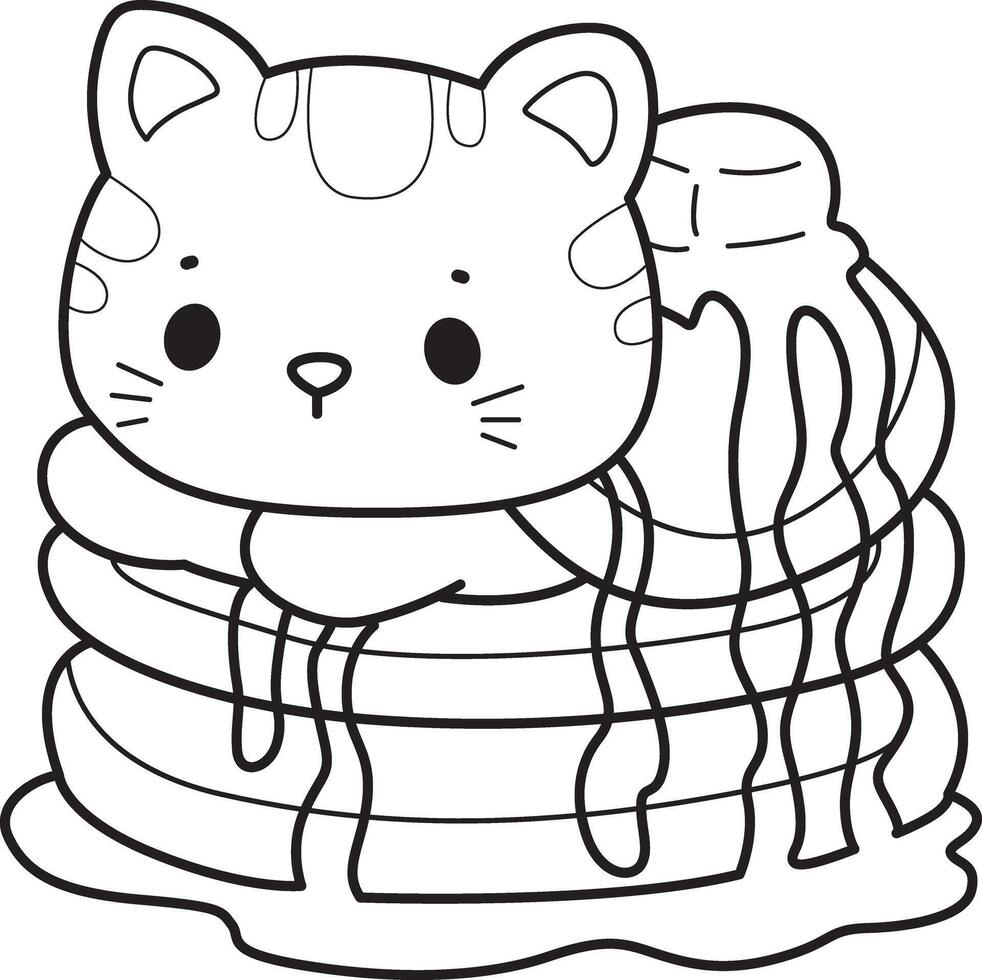 Outline of kitty in the pancake. Coloring pages of Kawaii animal kitty vector