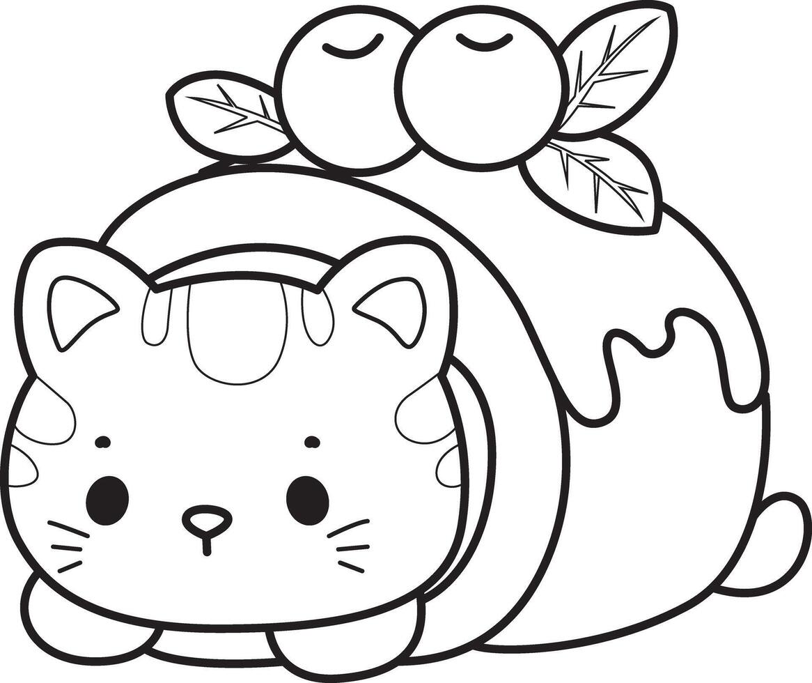 Outline of kitty in the roll cake. Coloring pages of Kawaii animal kitty vector