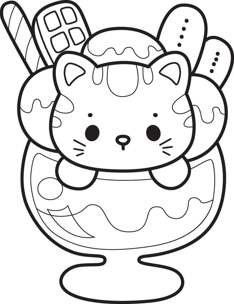 Outline of kitty in the middle of ice cream glass. Coloring pages of Kawaii animal kitty vector