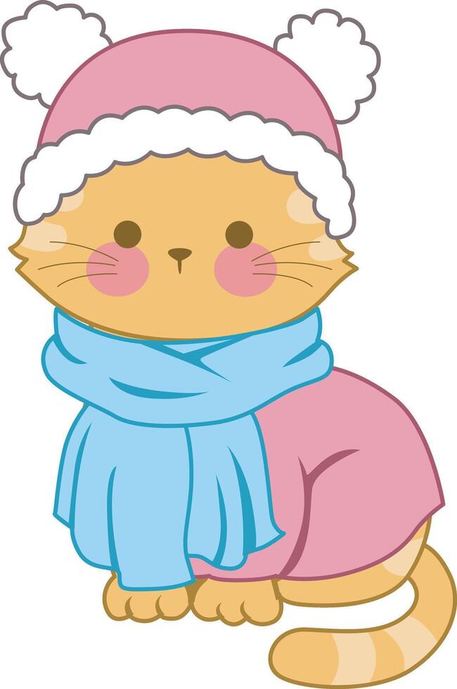 Kitty girl with blue scarf and pink sweater. A funny cat illustrations. vector