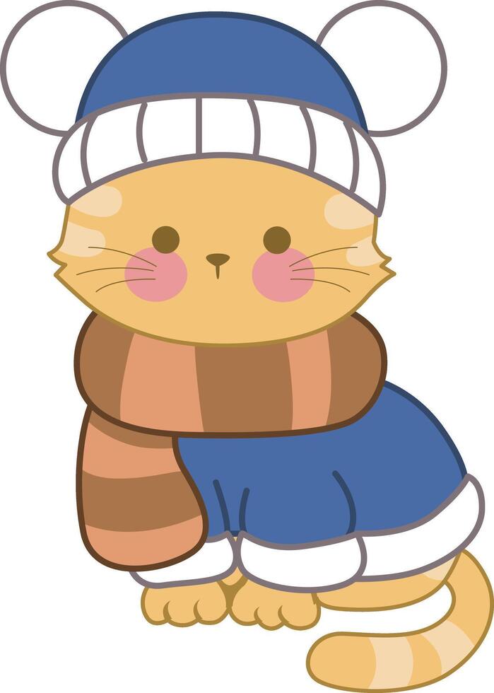 Cute kitty with dark blue outfit in the winter. A funny cat illustrations. vector