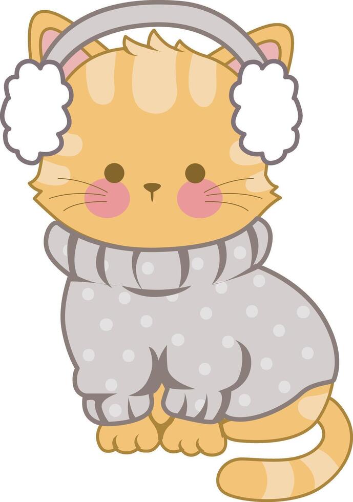 Cute cat with grey outfit and headphone. A funny cat illustrations. vector