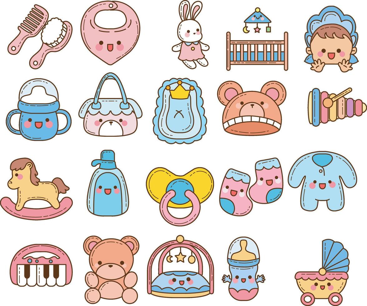 Full color of variation baby stuff. Cute baby stuff . vector