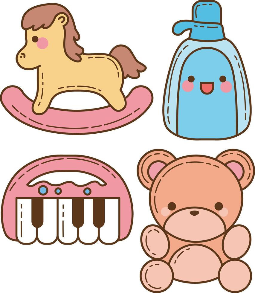 Group of rocky horse and piano items. Cute baby stuff . vector