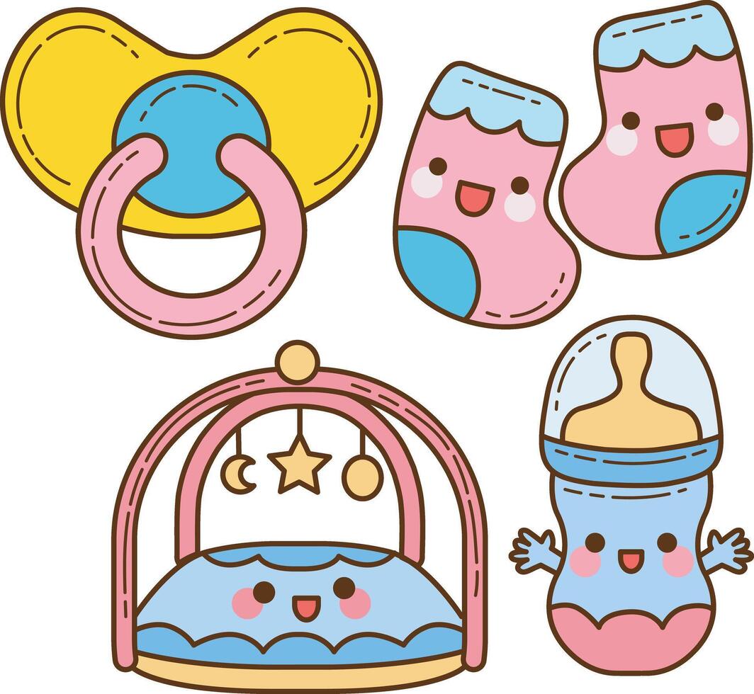 Group of pacifier and socks items. Cute baby stuff . vector