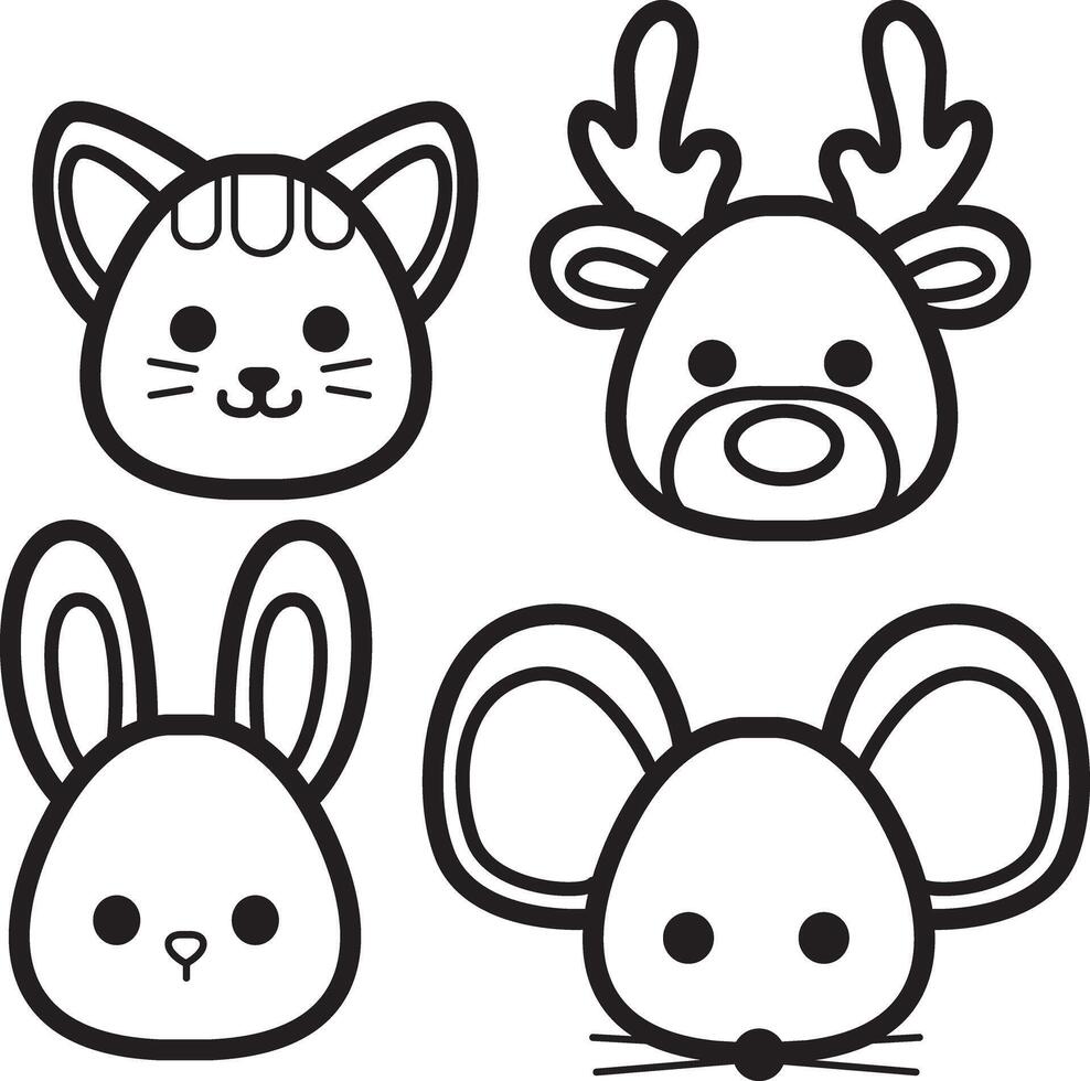 Outline of bunny, mouse and deer group. Coloring pages of cute animals. vector