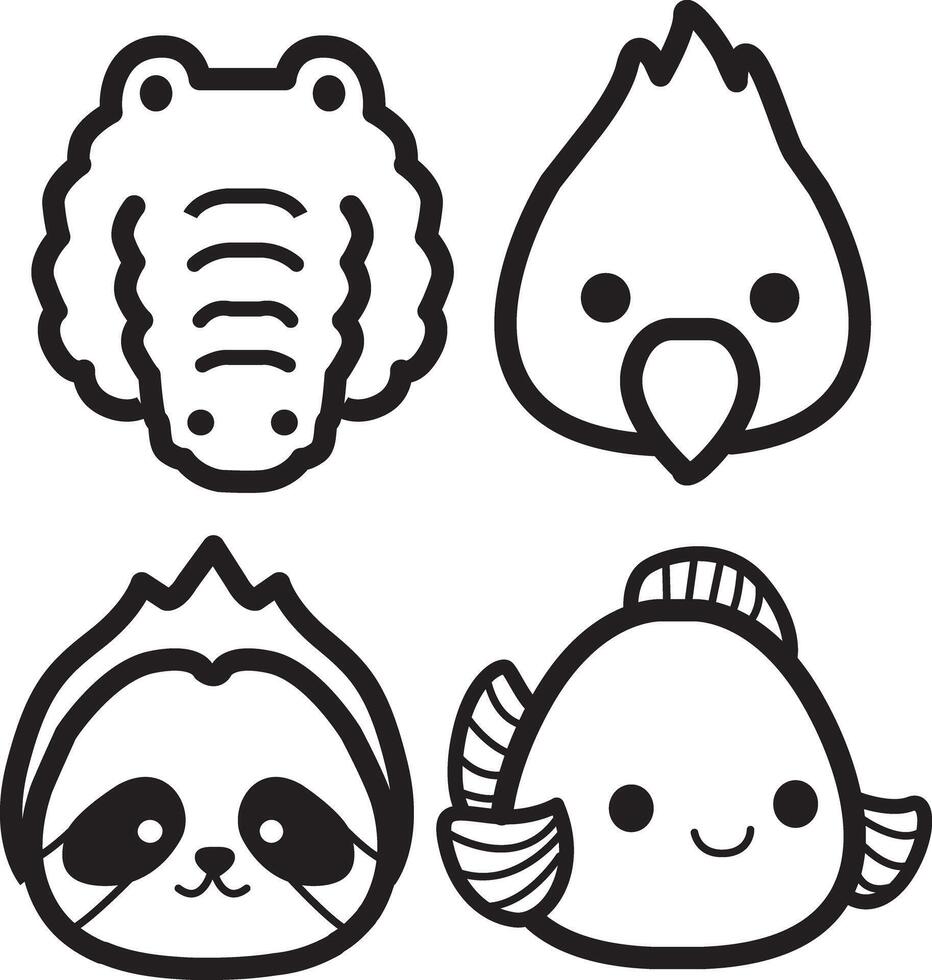 Outline of crocodile, parrot and gold fish group. Coloring pages of cute animals. vector