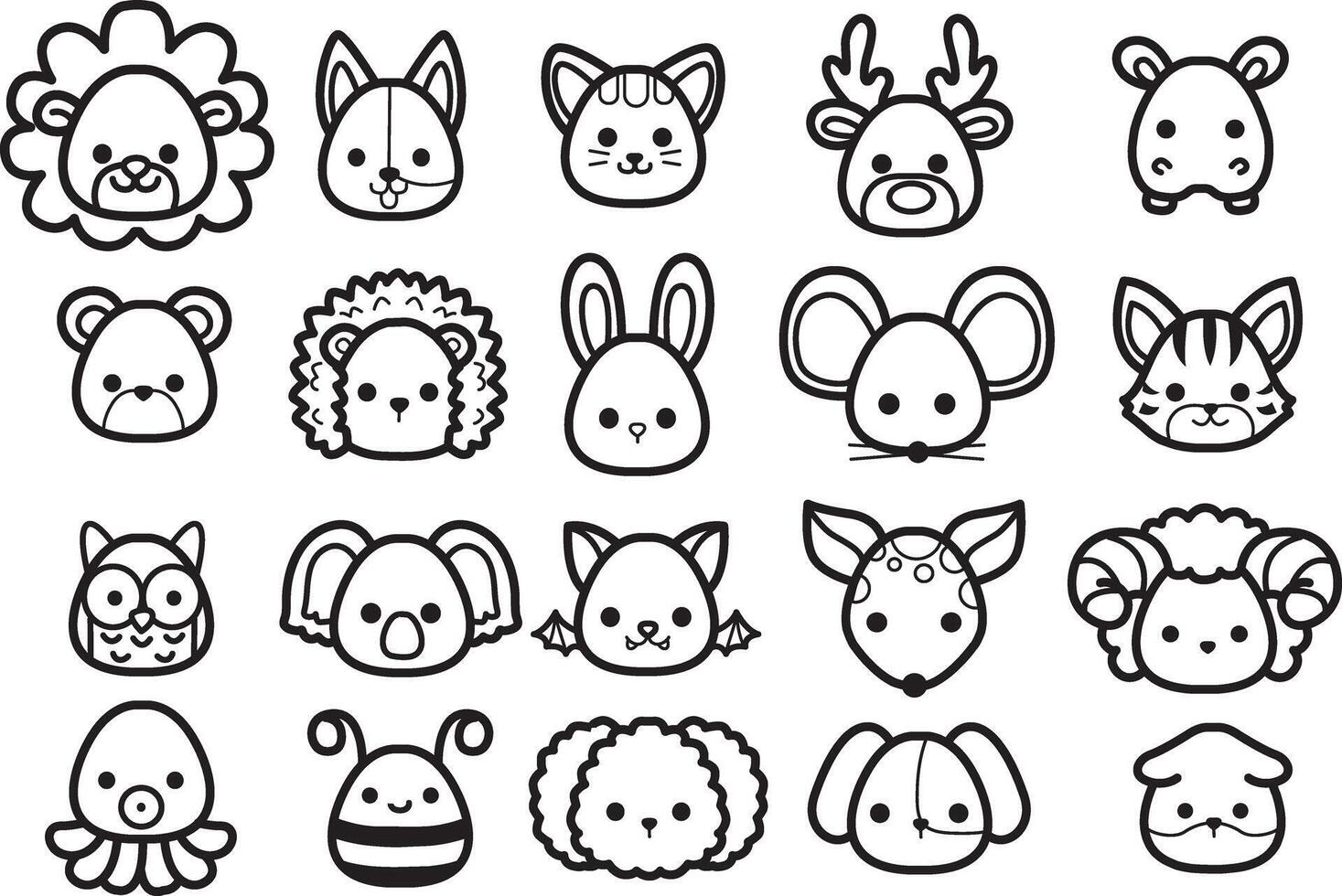 Outline of lion, deer, and hippo. Coloring pages of cute animals. vector