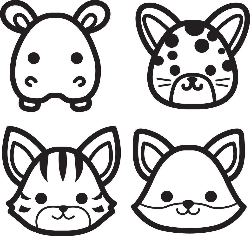 Outline of tiger, fox and hippo group. Coloring pages of cute animals. vector