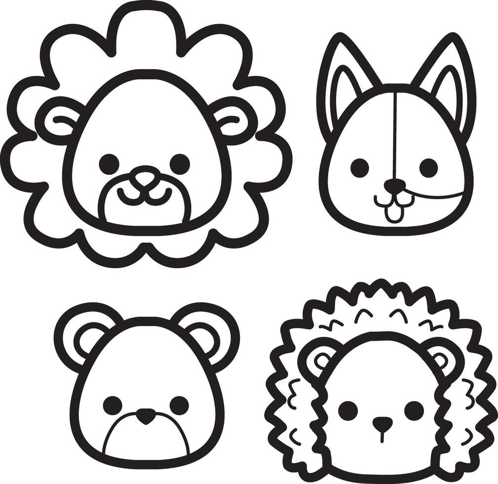 Outline of lion, bear and hedgehog group. Coloring pages of cute animals. vector