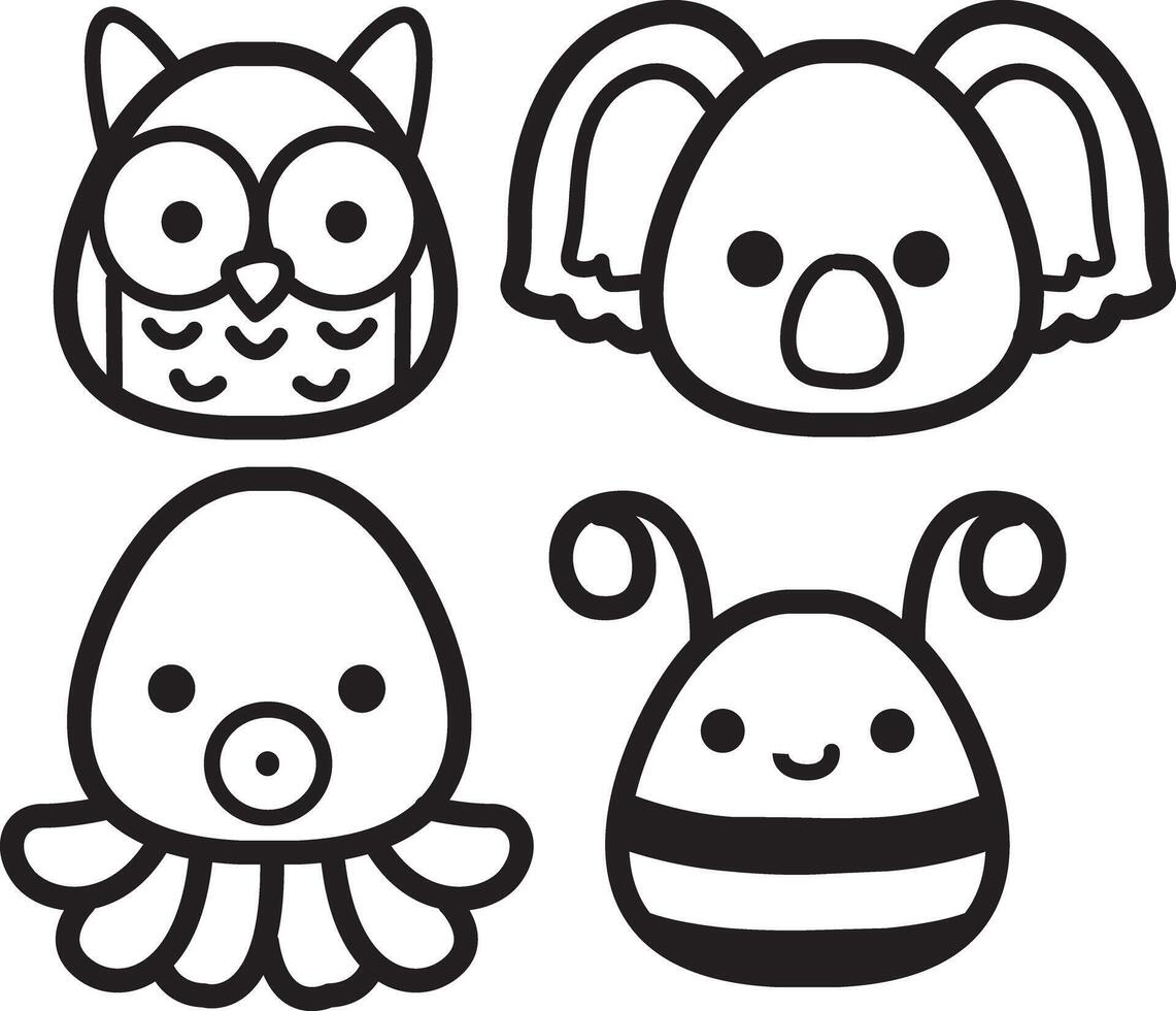 Outline of bee, octopus and koala group. Coloring pages of cute animals. vector