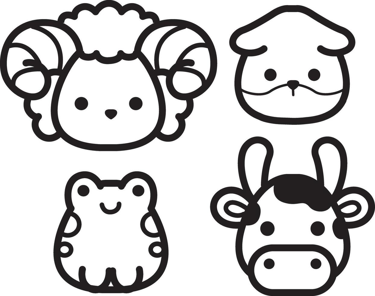 Outline of sheep, cow and frog group. Coloring pages of cute animals. vector