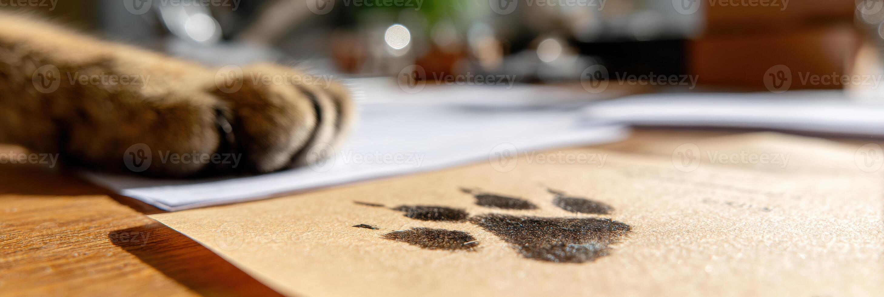 Cat Paw Print on Paperwork Resting on a Tidy Desk With Clean Surroundings During Daylight photo