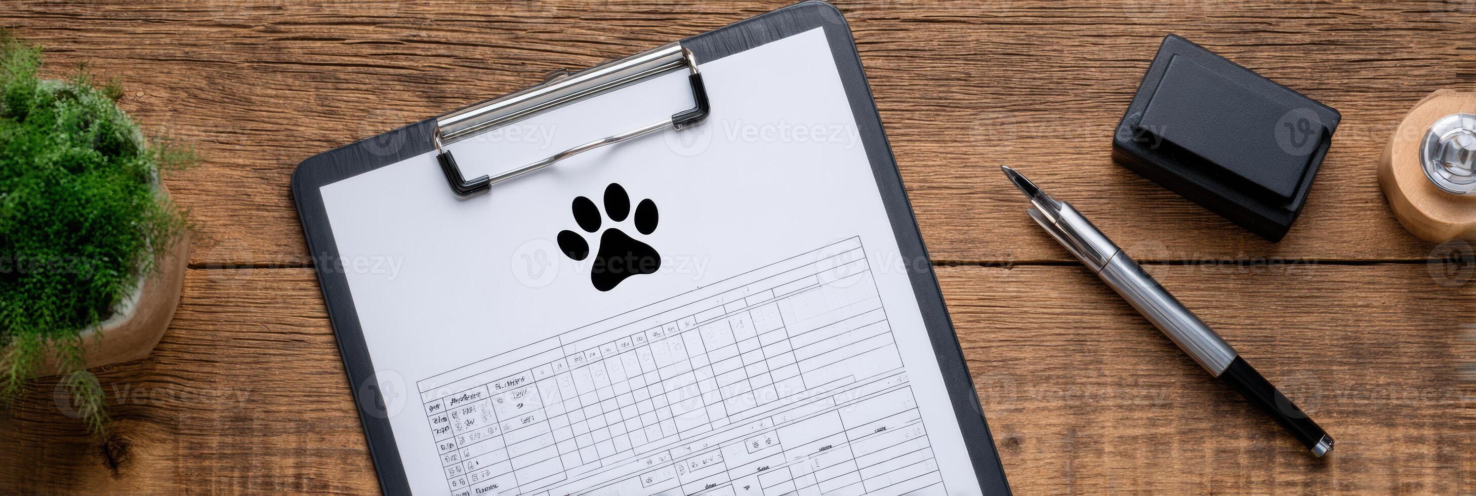 Vet Chart and Clipboard With Paw Print Stamp on Desk Ready for Use in Veterinary Office During Consultation or Appointment photo