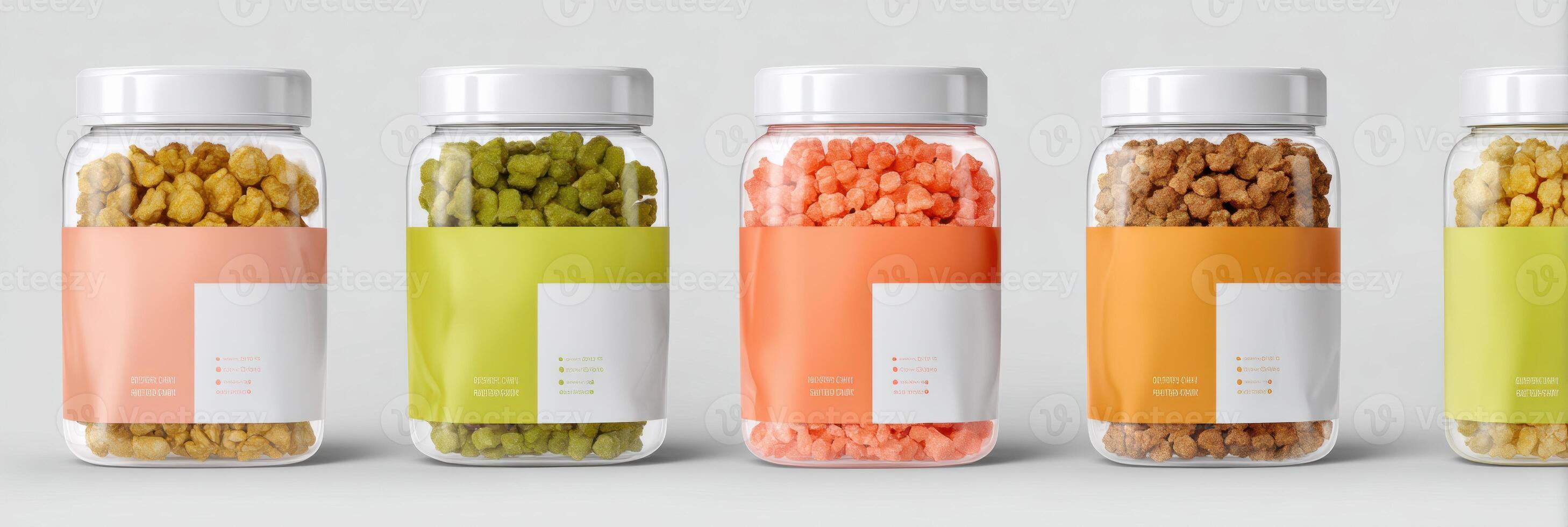 Showcase of Freeze-Dried Treat Packaging Design With Colorful Jars and Light Background photo