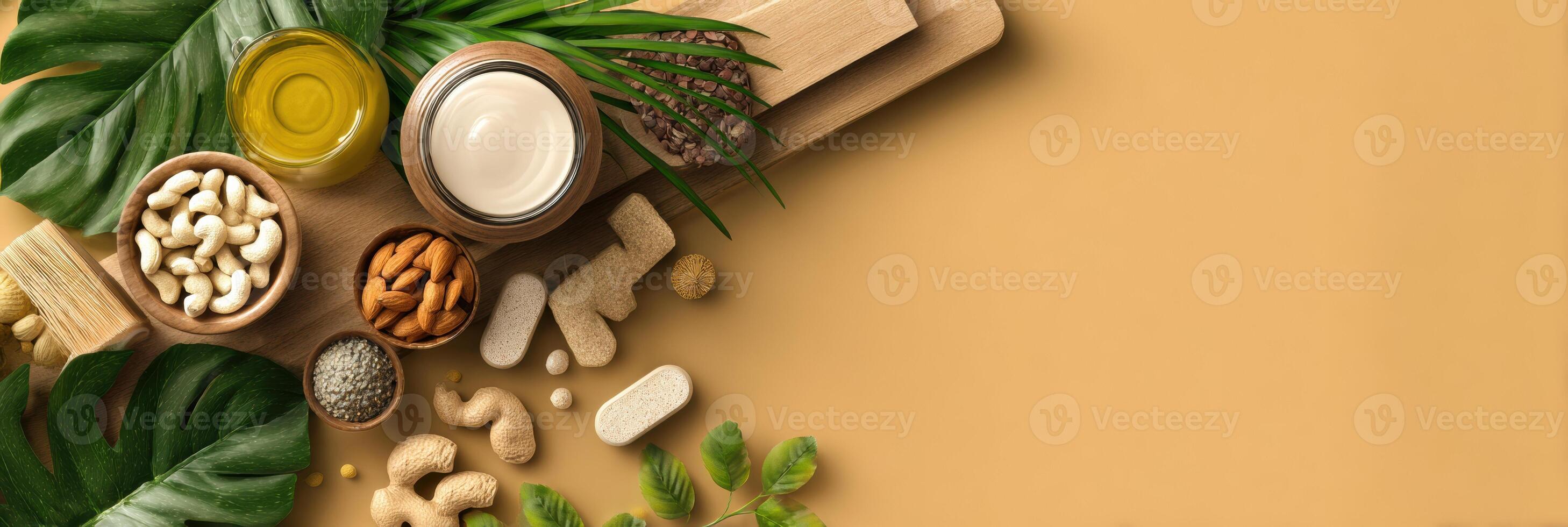 Modern Pet Food Label Mockup With Surrounding Ingredients, Emphasizing Natural Nutrition on a Neutral Background photo