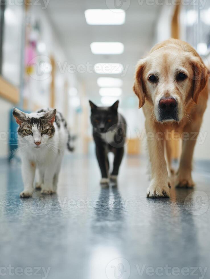Calm Pets Walking Down a Soft-Focus Vet Hallway During a Routine Visit to the Animal Clinic photo