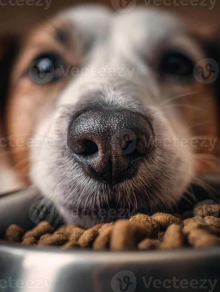 Close-up View of a Dogs Snout as It Reaches Into a Food Bowl Filled With Kibble, Soft Background Highlighting the Focus on the Dog photo