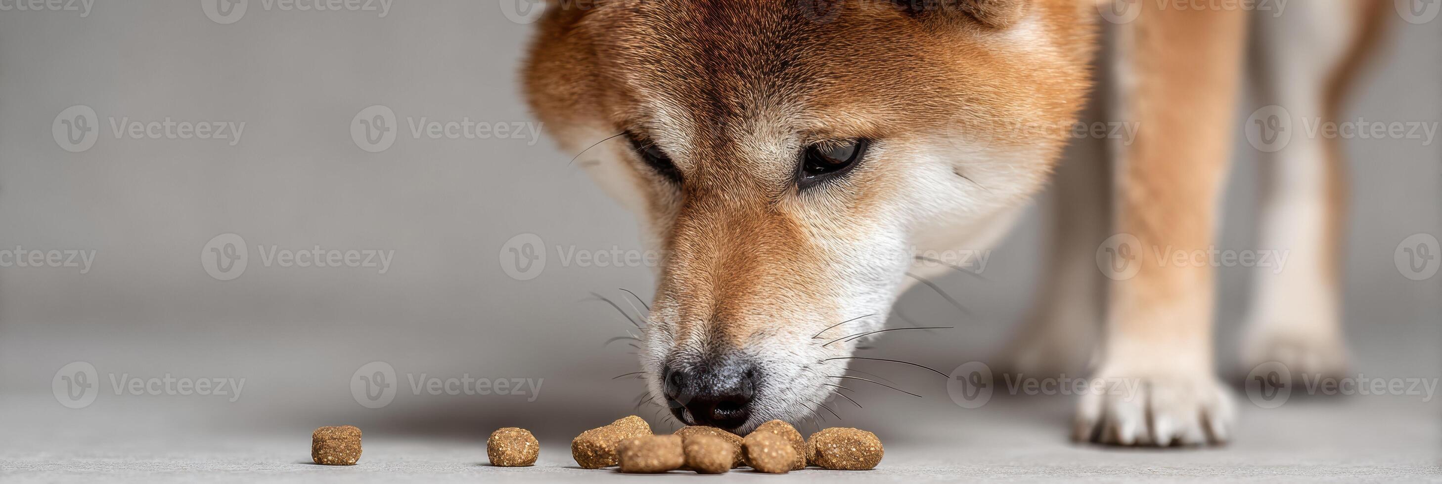 Shiba Inu Enjoys Sniffing Dry Food Against a Neutral Background With Focused Lighting Creating a Warm Atmosphere photo