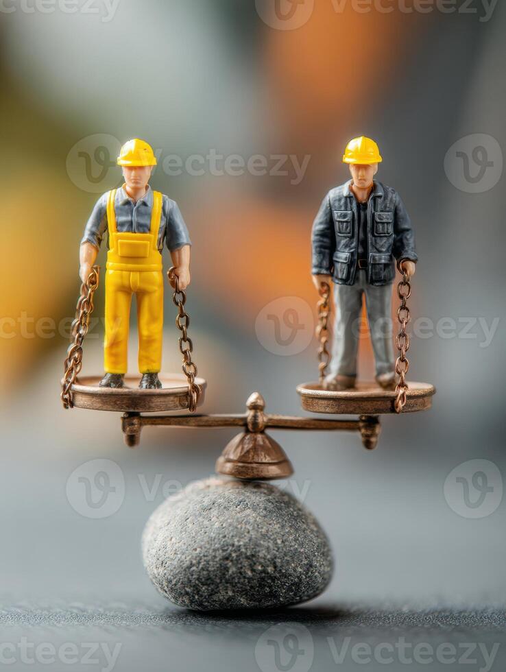 Balance of Protection and Freedom Illustrated With Labor Figurines on Scales During Safety Month photo