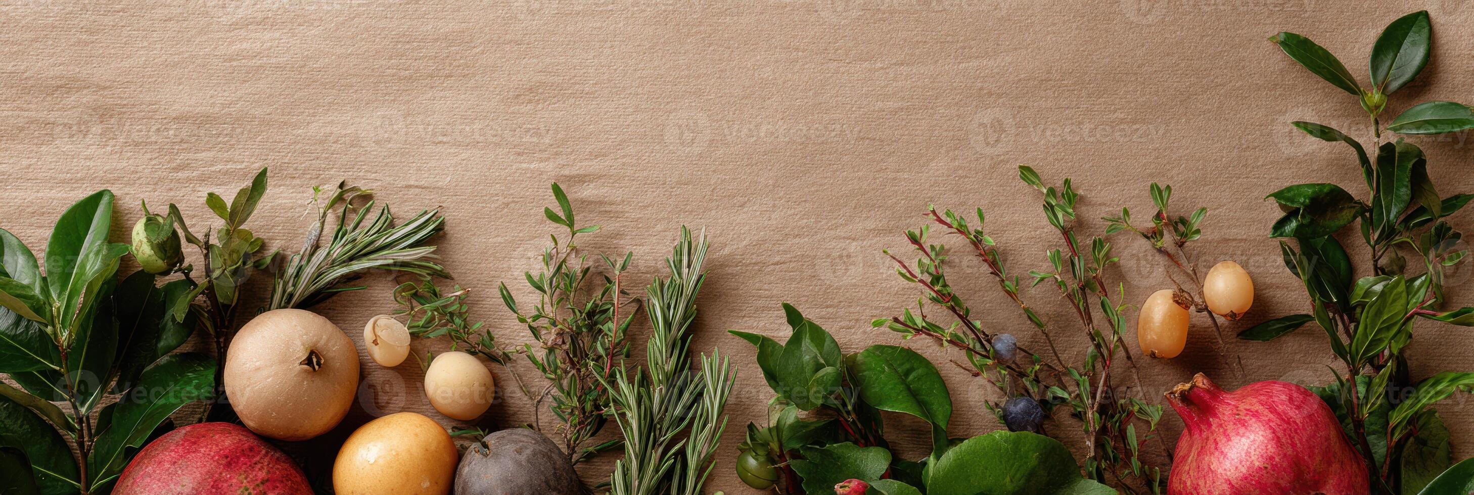 Herbal Arrangement With Fruits on Craft Paper Creating a Natural and Serene Composition for a Calming Atmosphere photo